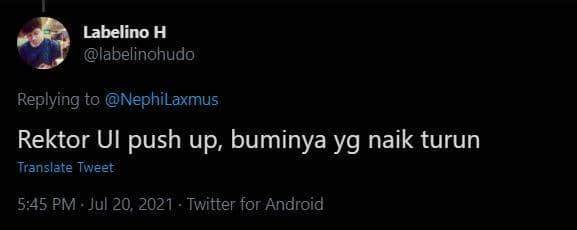 Cuitan kesaktian Rektor UI di Twitter (Twitter.com/labelinohudo)