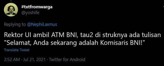 Cuitan kesaktian Rektor UI di Twitter (Twitter.com/yoshife)