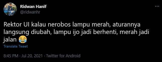 Cuitan kesaktian Rektor UI di Twitter (Twitter.com/ridwanhr)