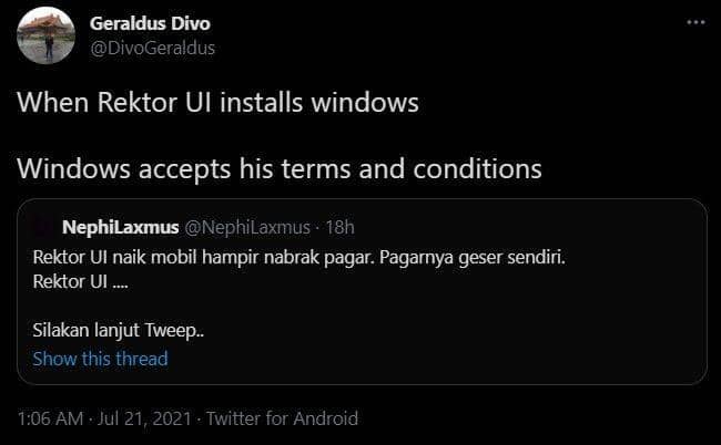 Cuitan kesaktian Rektor UI di Twitter (Twitter.com/DivoGeraldus)