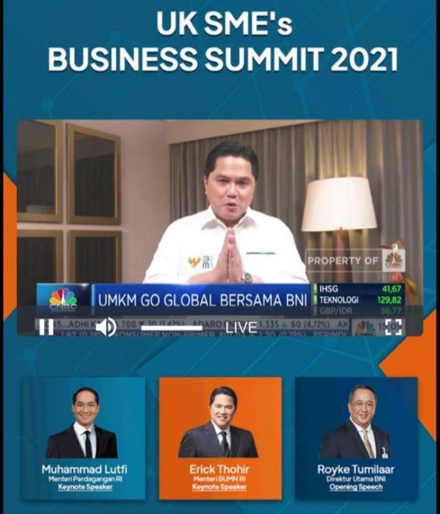 Menteri Badan Usaha Milik Negara (BUMN) Erick Thohir saat menghadiri pembukaan BNI UK SME’s Business Summit 202. (Dok. BNI)