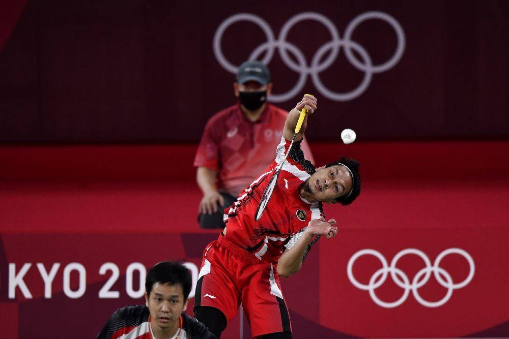 Ganda Putra Indonesia, Hendra Setiawan/Mohammad Ahsan di Olimpiade Tokyo 2020. (ANTARA/Sigid Kurniawan/wsj).