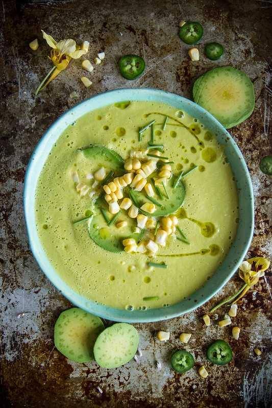 Spicy corn and avocado soup (heatherchristo.com)