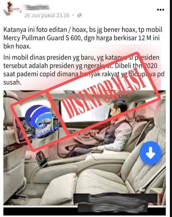 Informasi salah Presiden Jokowi membeli mobil baru saat pandemik COVID-19. (kominfo.go.id)