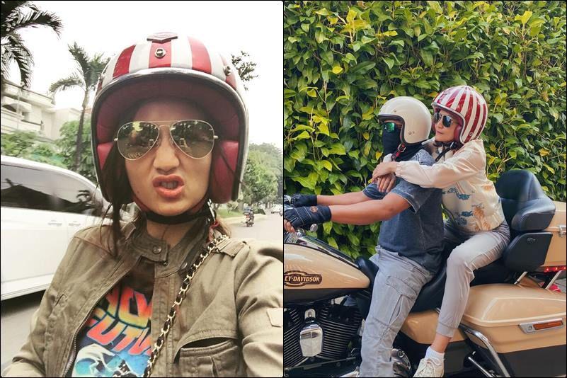 Helmnya Unik, 9 Potret Manis Natasha Dewanti Naik Moge Bareng Suami
