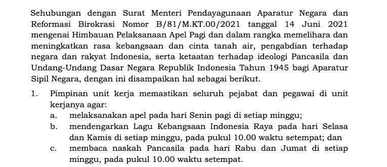 Isi surat edaran putar lagu Indonesia Raya dan wajib apel tiap pekan di perguruan tinggi negeri (Tangkapan layar Surat Edaran nomor 13 tahun 2021)