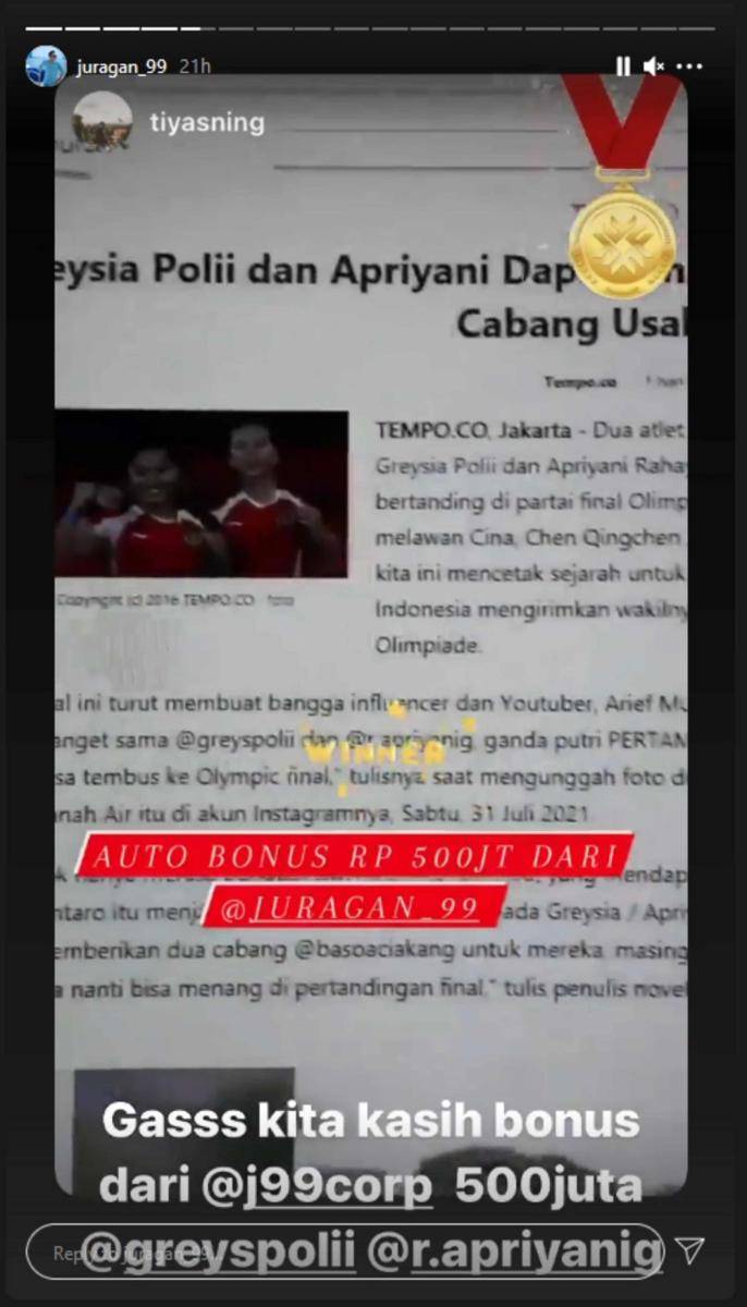 Hadiah Greysia dan Apriyani (Instagram.com/juragan_99/)