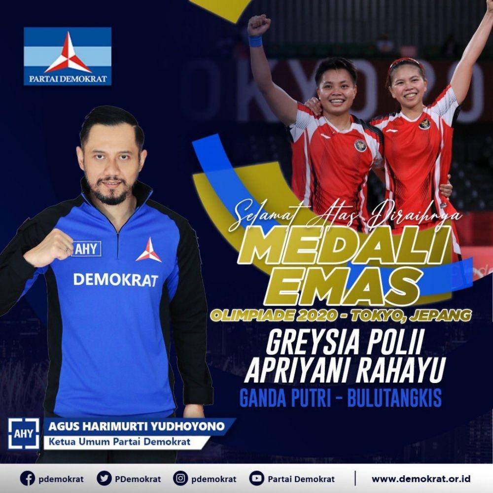 Ketua Umum Partai Demokrat Agus Harimurti Yudhoyono (AHY) ucapkan selamat kepada Greysia/Apriyani (www.twitter.com/@Demokrat_TV)