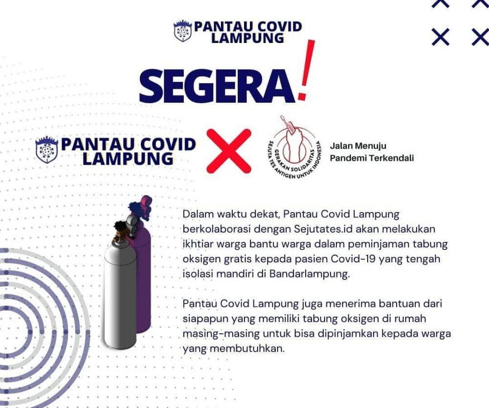 Bantuan tabung oksigen gratis untuk para Isoman (Instagram/@pantaucovidlampung