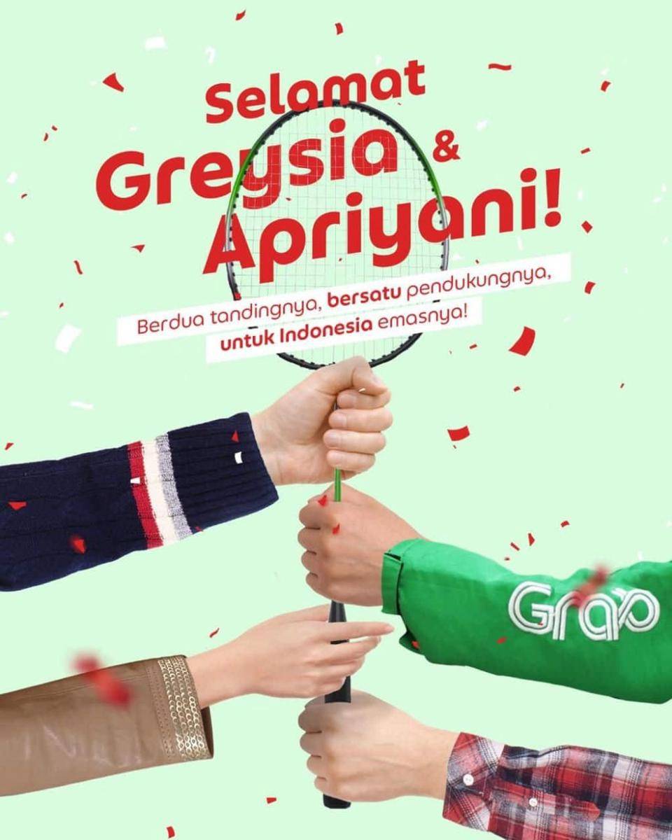 Apresiasi Grab untuk Greysia dan Apriyani serta atlet Indonesia yang berlaga di Olimpiade Tokyo 2020. (grab.com)