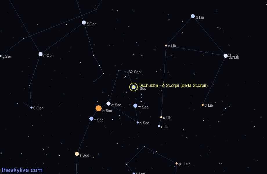 ilustrasi bintang Dschubba di langit malam (theskylive.com)