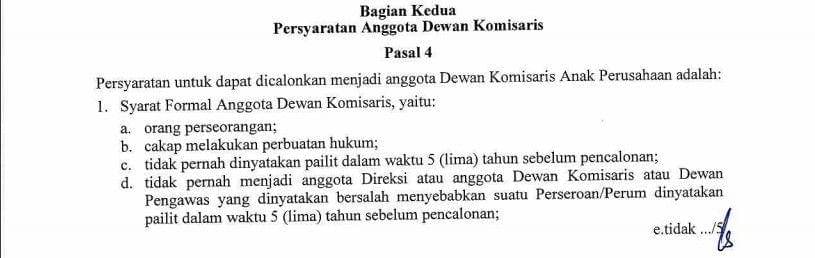 Syarat untuk menjadi anggota Dewan Komisaris anak perusahaan BUMN sesuai dengan pasal 4 Peraturan Menteri BUMN nomor PER-03/MBU/2012 (Tangkapan layar Peraturan Menteri BUMN)
