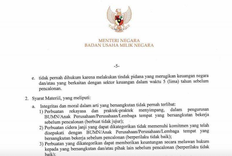 Syarat untuk menjadi anggota Dewan Komisaris anak perusahaan BUMN sesuai dengan pasal 5 Peraturan Menteri BUMN nomor PER-03/MBU/2012 (Tangkapan layar Peraturan Menteri BUMN)