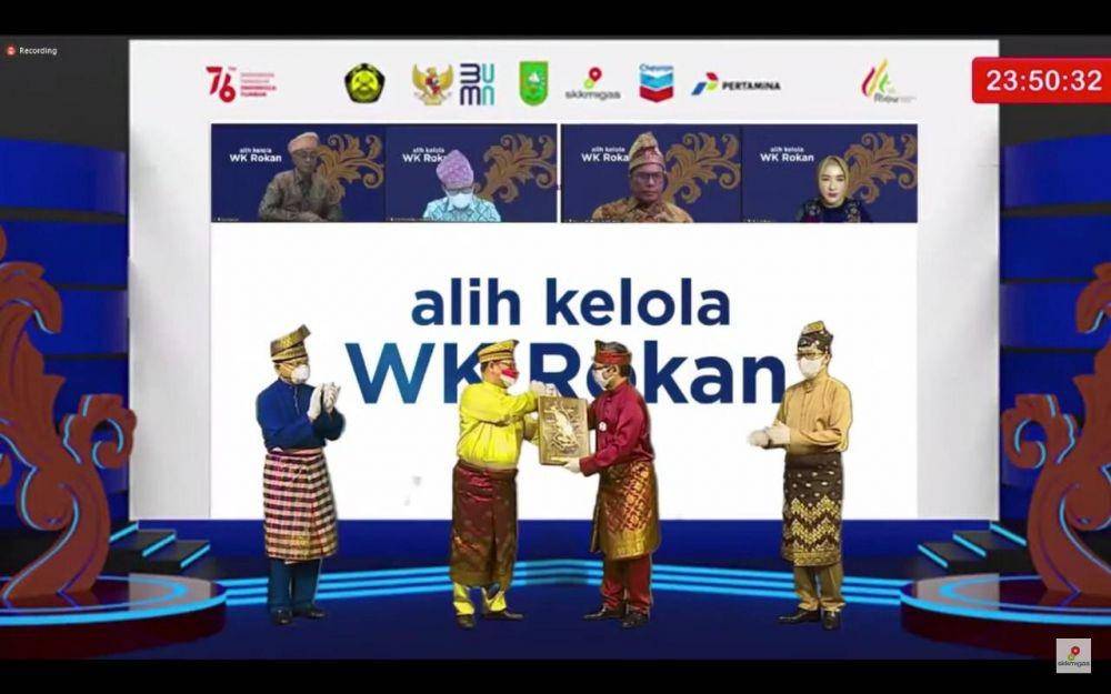Seremoni Alih Kelola WK Rokan, yang diselenggarakan secara hybrid pada Minggu (8/8/2021) malam, di Pekanbaru dan Jakarta. (Dok. Pertamina)