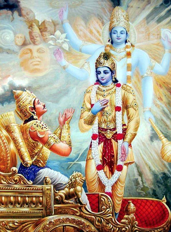 Sri Krishna menunjukkan wiswarupa-nya kepada Arjuna. (swarajyamag.com)