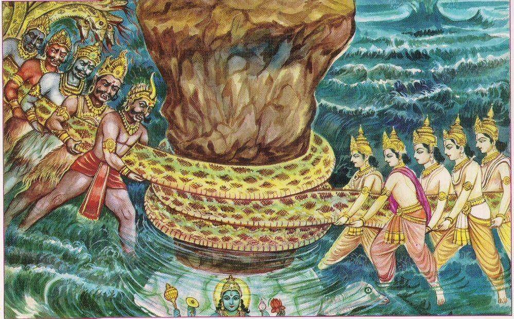 Samudra manthan dan avatar Kurma di bawah Gunung Mandara (wikimedia.org)