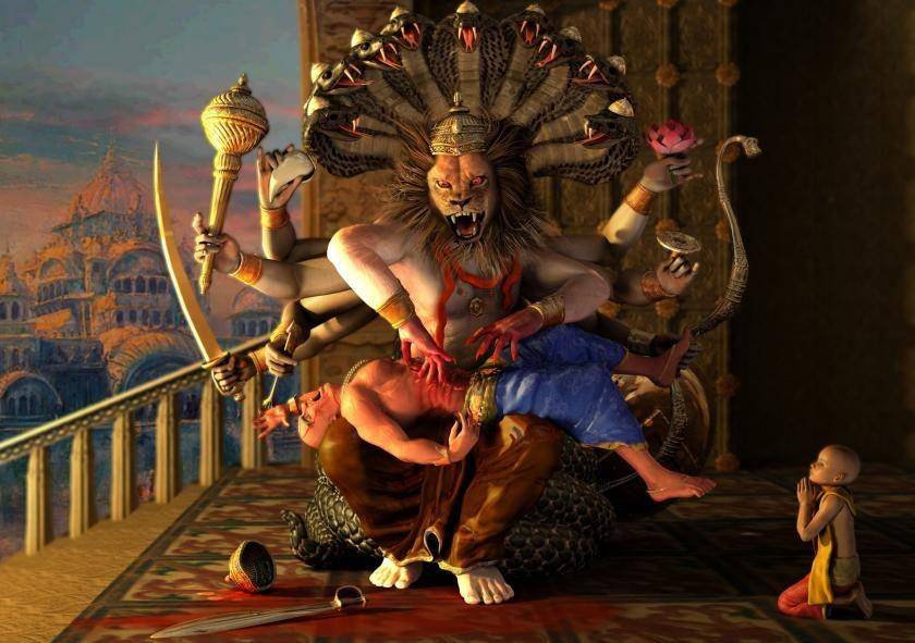 ilustrasi Narasimha membunuh Hiranyakasipu (booksfact.com)