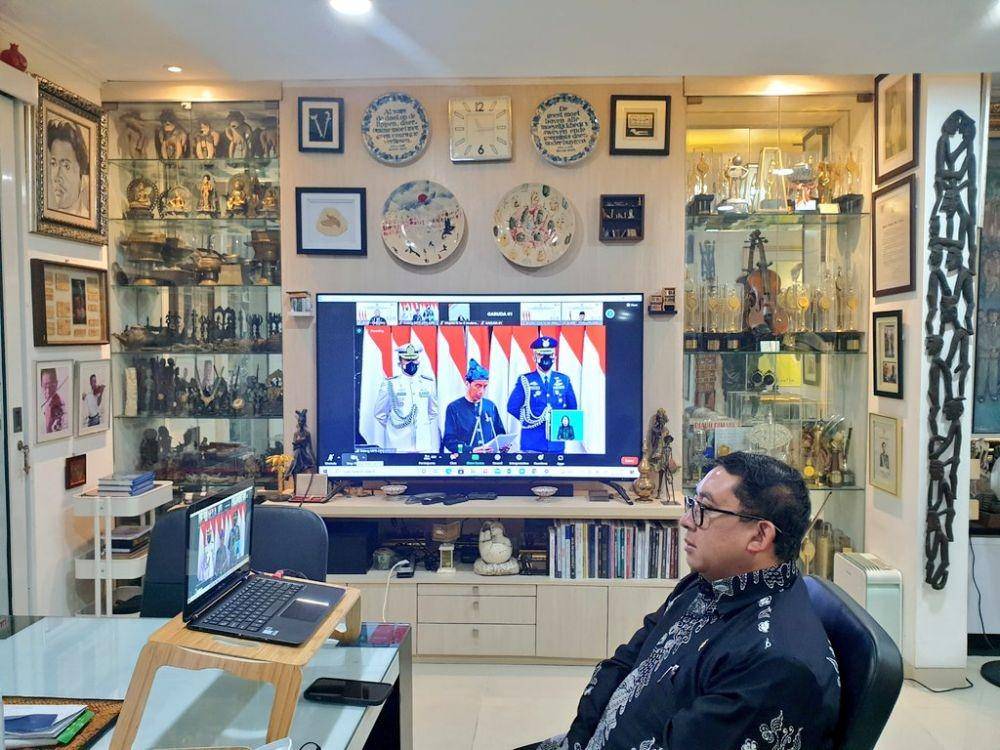 Politikus Gerindra, Fadli Zon mengikuti Sidang Tahunan MPR, Sidang Bersama DPR-DPD, dan Pidato Kenegaraan Presiden secara virtual (istimewa/ Twitter @fadlizon)