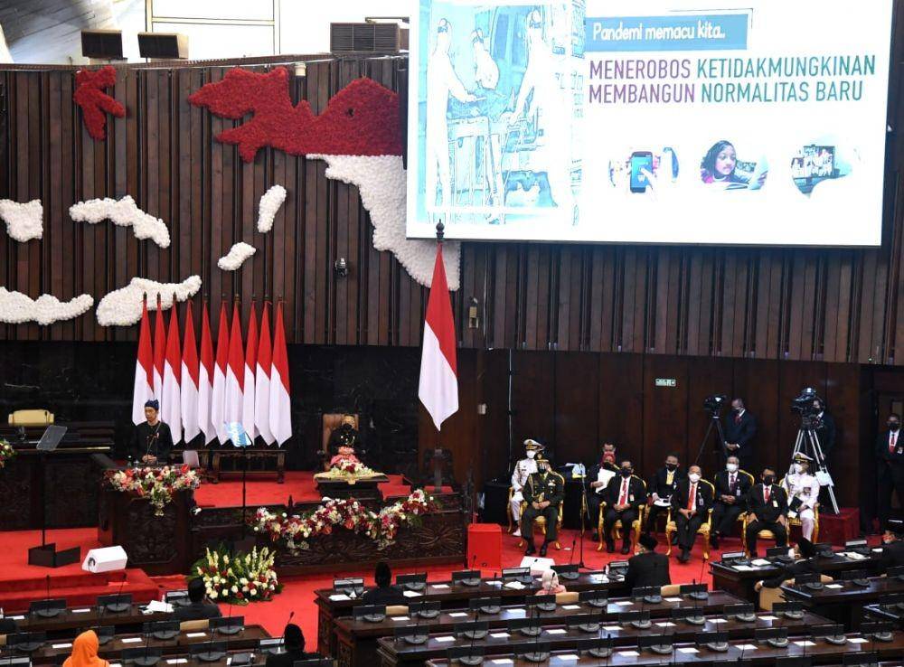 Presiden Jokowi dalam Sidang Tahunan MPR RI dan Sidang Bersama DPR dan DPD pada Senin (16/8/2021). (dok. Biro Pers Kepresidenan)