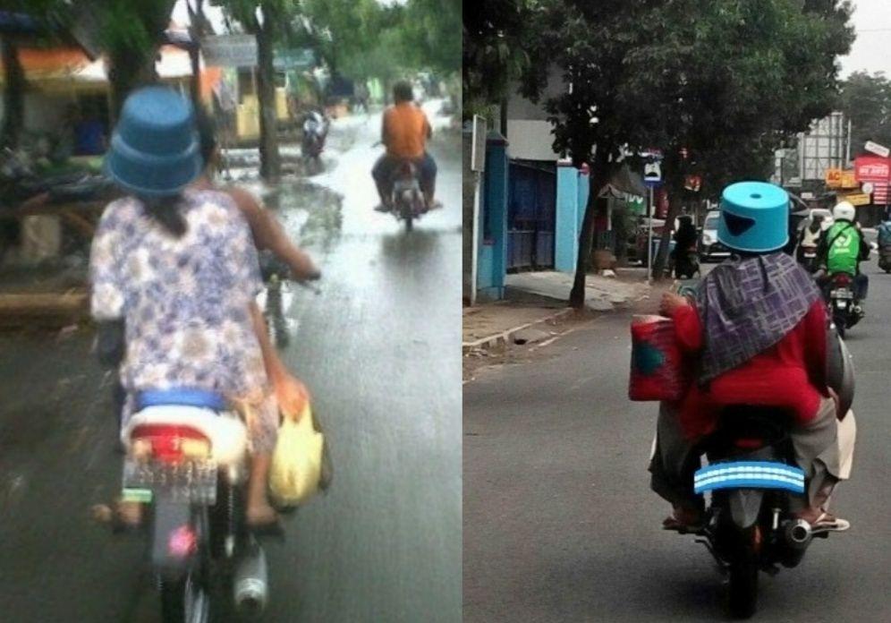 10 Benda Nyeleneh Pengganti Helm ala Emak-Emak, Bikin Ngakak!