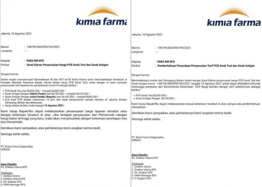 Viral foto surat Kimia Farma harga tes PCR dan lainnya naik lagi (Dok. Istimewa)