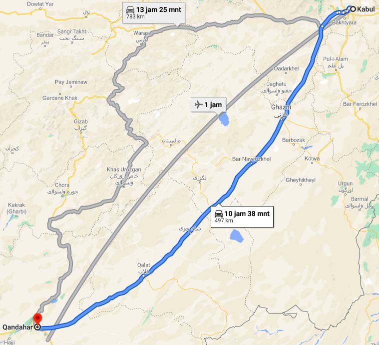 Tangkapan layar jarak tempuh Kabul-Kandahar, Afghanistan (Google Maps)