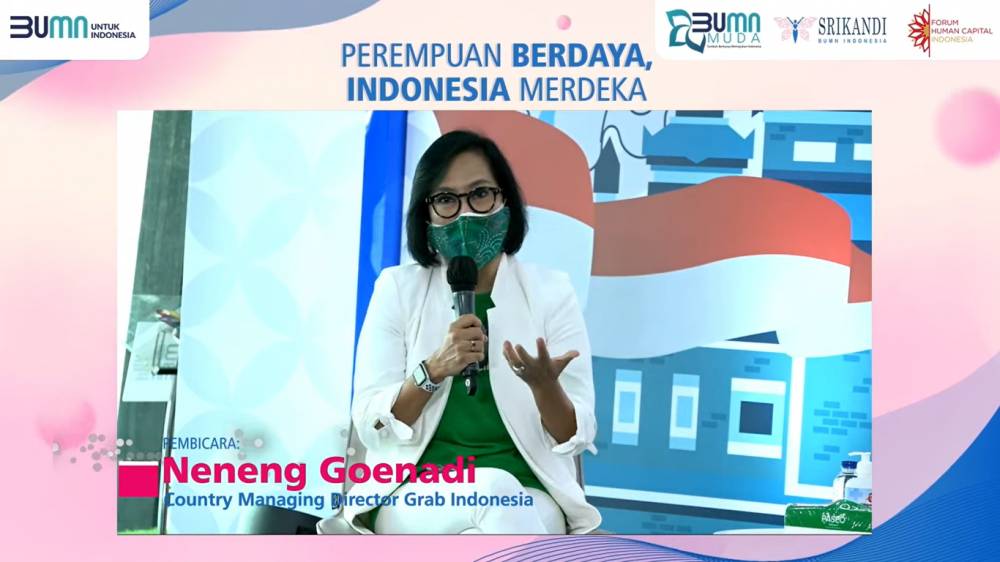 Managing Director Grab Indonesia Neneng Goenadi dalam Webinar Perempuan Berdaya, Indonesia Merdeka oleh BUMN Muda. Rabu (25/08/2021). IDN Times/Fajar Laksmita