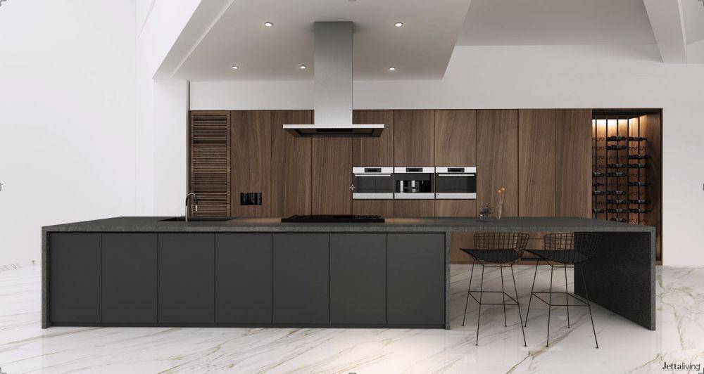 Dominasi warna hitam di dapur kekinian yang terlihat elegan di House in Tegal, karya Jettaliving. (arsitag.com/Jettaliving)