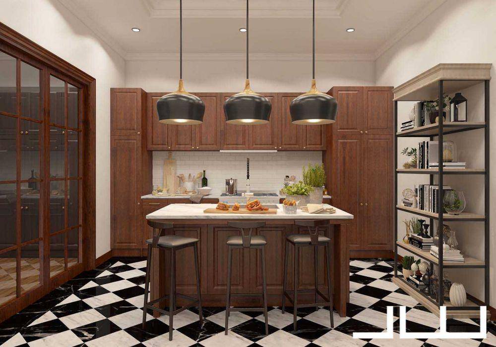 Lantai dapur hitam putih yang klasik namun tidak pernah ketinggalan zaman di J House Interior, karya JW Consultant. (arsitag.com/JW Consultant)