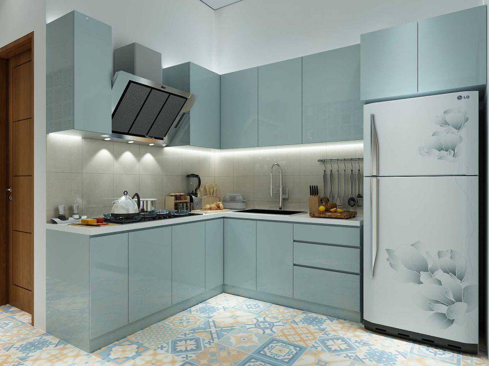 Warna pastel yang lembut untuk seluruh kabinet dapur di Private Residential at Bintaro, karya PT Dekorasi Hunian Indonesia. (arsitag.com/PT Dekorasi Hunian Indonesia)