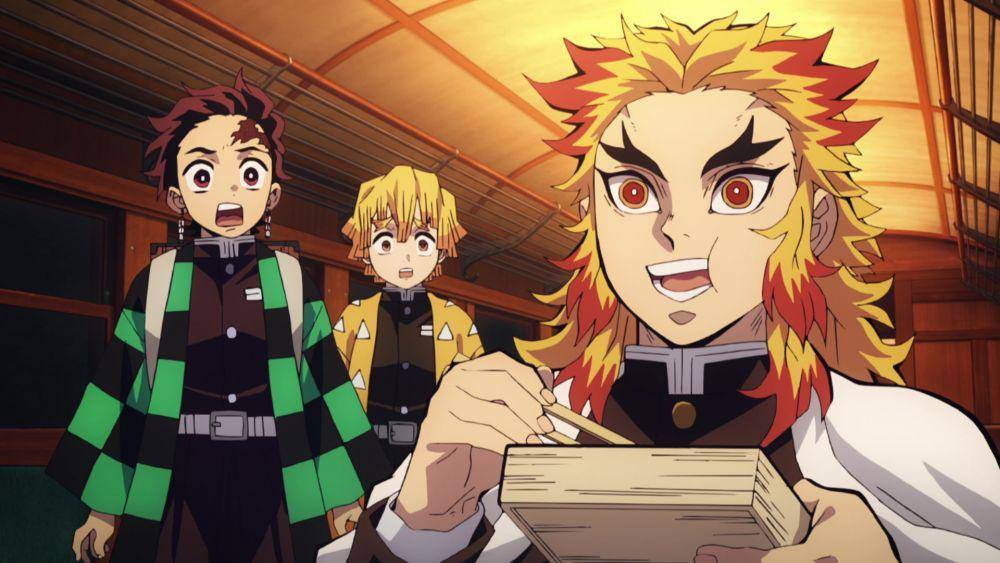 Tanjiro dan Zenitsu bertemu Rengoku. (dok. Studio Ufotable/Demon Slayer: Mugen Train)