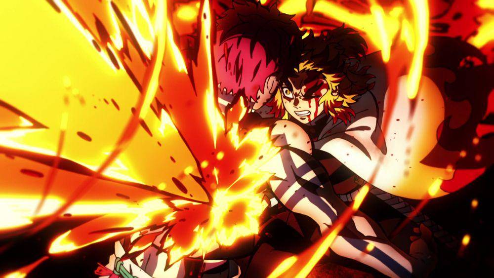 Rengoku melawan Akaza. (dok. Studio Ufotable/Demon Slayer: Mugen Train)