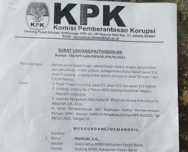 Beredar Surat Panggilan KPK Wakil Ketua DPRD Pesibar, Ini Kata Jubir