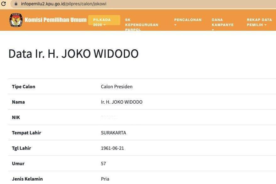 Informasi Pribadi Presiden Joko (Jokowi) Widodo. (kpu.go.id)