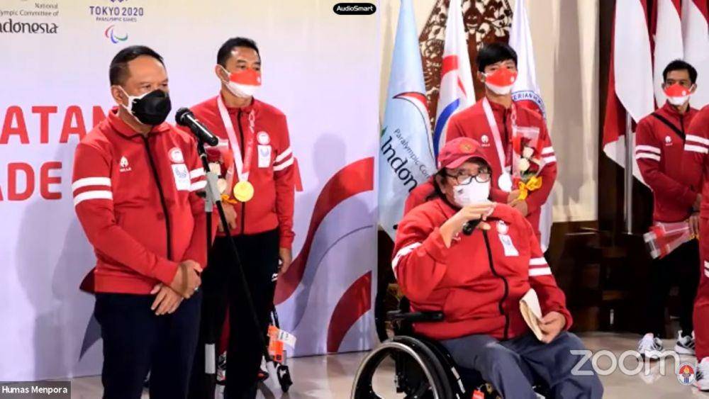 Ketua NPC Indonesia Senny Marbun dalam penyambutan kontingen Paralimpiade Tokyo 2020 Indonesia tiba di Tanah Air (YouTube.com/ Kemenpora RI)