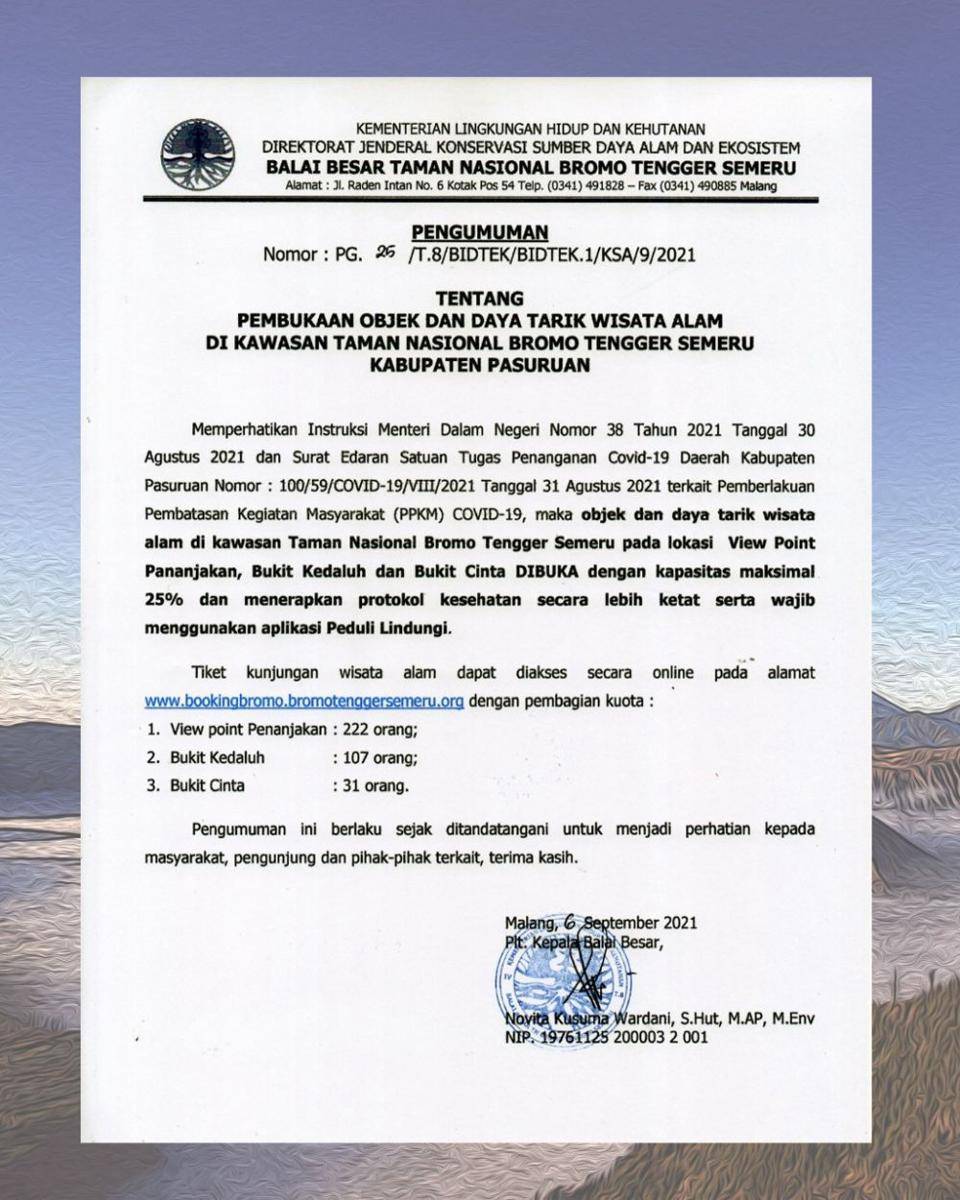 Surat pengumuman pembukaan kembali kawasan wisata Bromo melalui pintu masuk Pasuruan. Dok/TNBTS