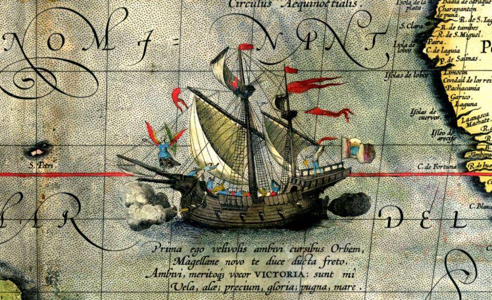 Ilustrasi kapal Victoria rombongan Armada de Molucca (Wikipedia.org/Ortelius)