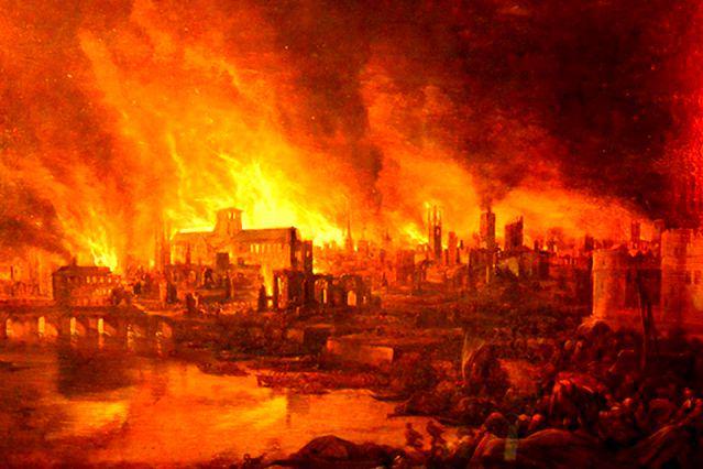 ilustrasi kebakaran besar London yang terjadi tahun 1666 (socialstudiesforkids.com)