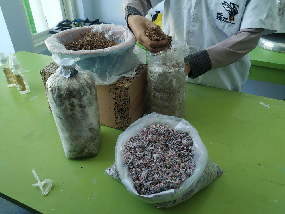 Proses pencampuran limbah uang kertas dan bahan lain sebelum dilakukan semaian jamur. IDN Times/Alfi Ramadana