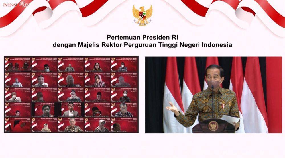 Presiden Jokowi beri sambutan di Pertemuan Majelis Rektor Perguruan Tinggi Nasional Indonesia pada Selasa (14/9/2021). (youtube.com/Sekretariat Presiden)