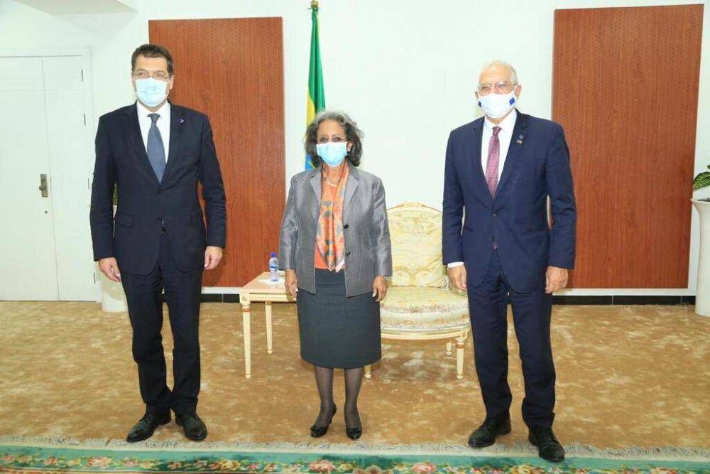 Presiden Ethiopia (tengah) saat mengadakan pertemuan dengan petinggi negara lain. (twitter.com/Sahle-Work Zewde)