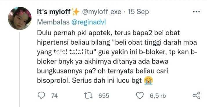 tweet bengek ketika beli obat (twitter.com/myloff_exe)