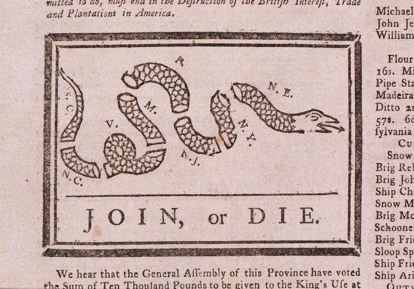 "Join or Die.” Benjamin Franklin di The Pennsylvania Gazette, 9 Mei 1754 (blogs.loc.gov)