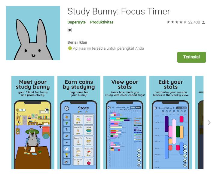 ilustrasi aplikasi Study Bunny (play.google.com)