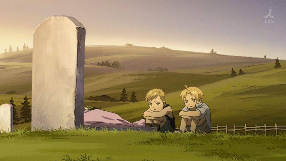 Edward dan Alphonse mengunjungi makam ibunya. (dok. Studio Bones/Fullmetal Alchemist: Brotherhood)