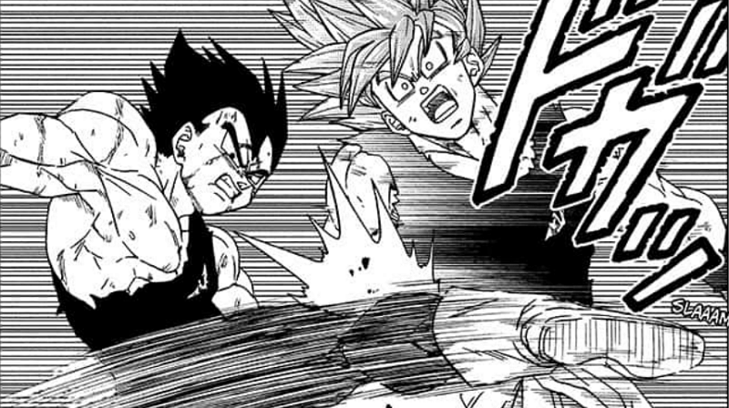 Vegeta menendang Goku. mangaplus.shueisha.co.jp/Dragon Ball Super