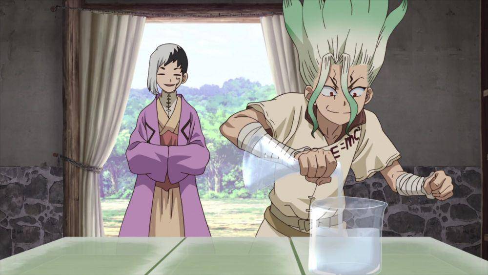 Gen dan Senku membuat obat antibiotik. (dok. TMS Entertainment/Dr. Stone)