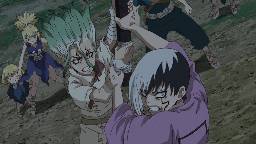 Gen berpura-pura menghentikan Senku untuk menipu Hyouga. (dok. TMS Entertainment/Dr. Stone)