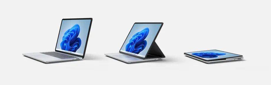 tiga mode Surface Laptop Studio (kiri-kanan: mode Laptop, Stage, dan Studio) (Dokumentasi Microsoft)