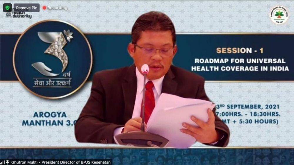 Direktur Utama BPJS Kesehatan, Ali Ghufron, kembali tampil mewakili Indonesia menjadi salah satu panelis dalam webinar The 3rd Edition of Arogya Manthan yang diselenggarakan National Health Authority India, Kamis (23/9/201). (Dok. BPJS Kesehatan)